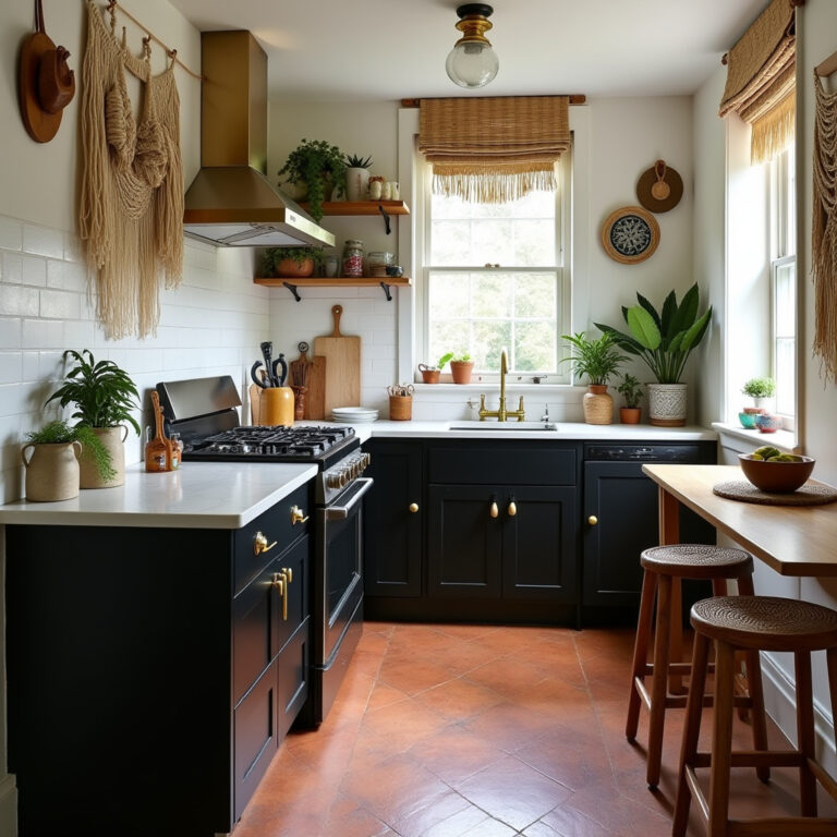 boho kitchen black cabinets 1