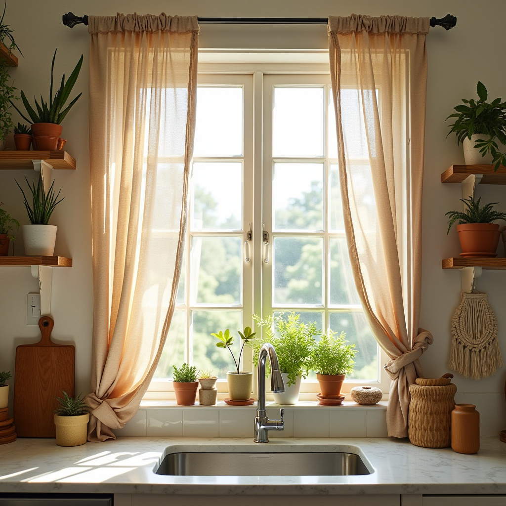 boho kitchen window treatments 34