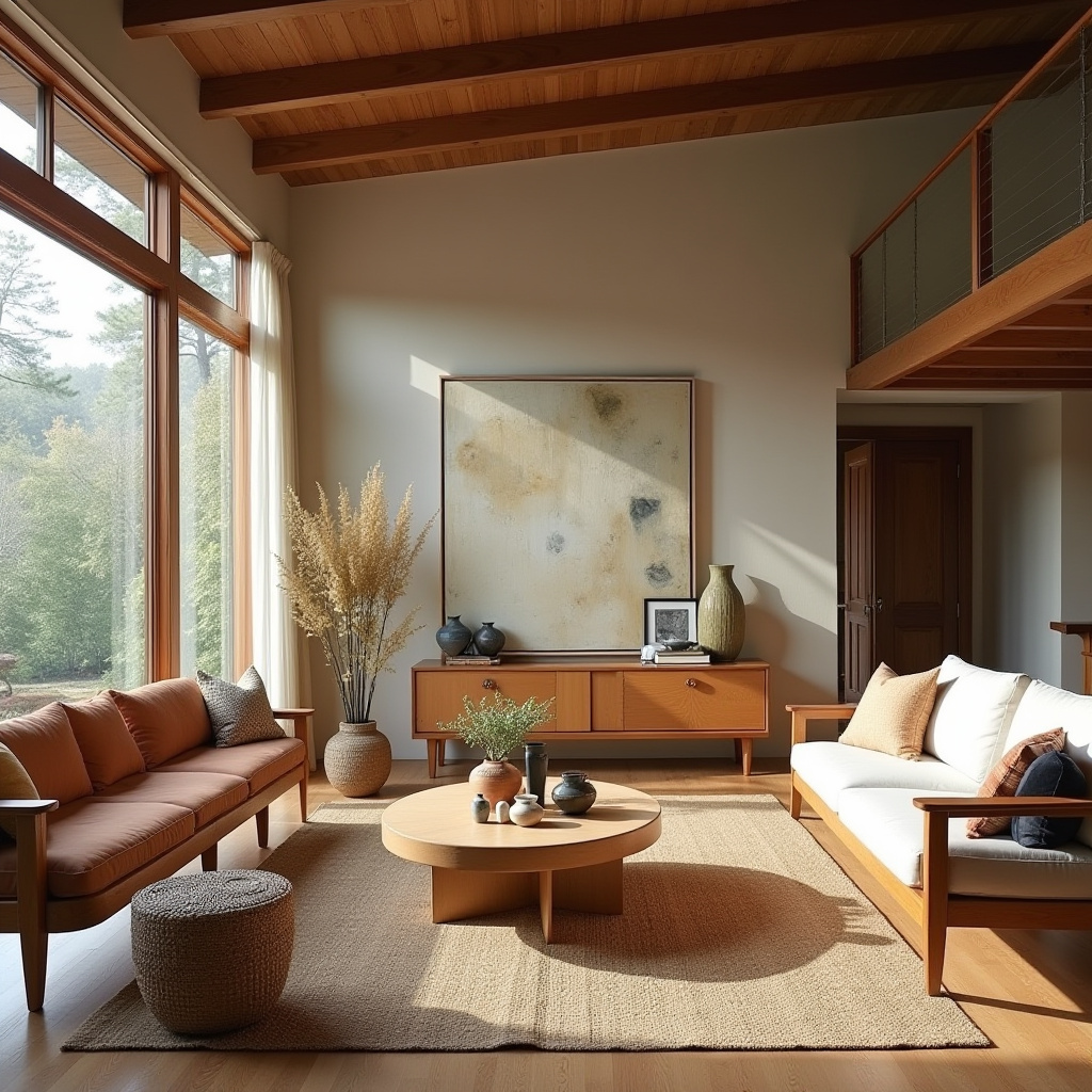 boho mid century modern living room 32